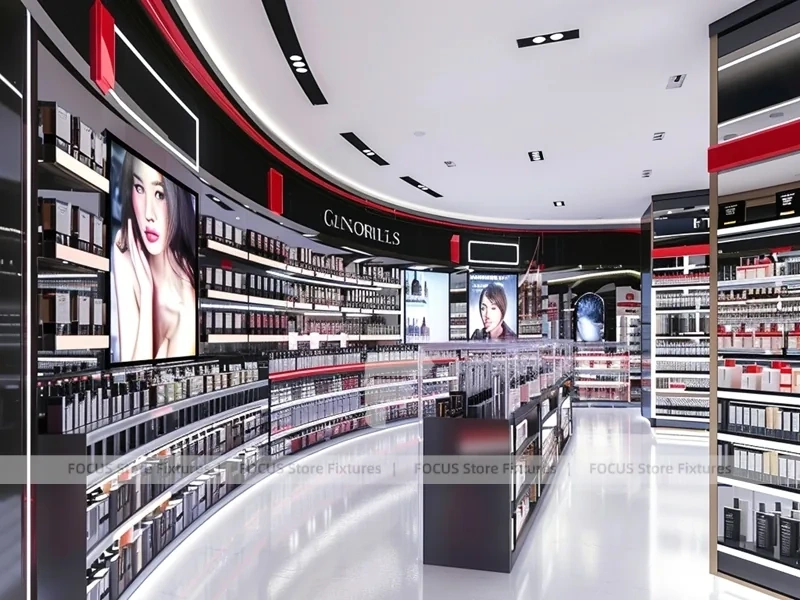 Black Red Perfume Corridor With Round Tester Table