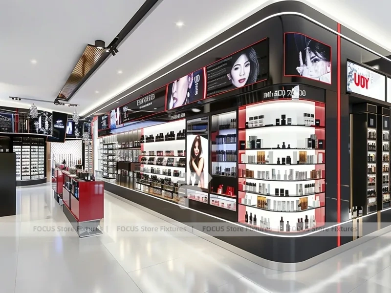 Black Red Perfume Corridor With Round Tester Table