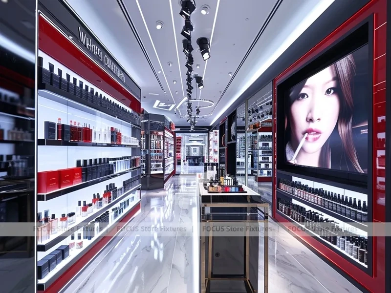 Black Red Perfume Feature Wall With Beauty Posters
