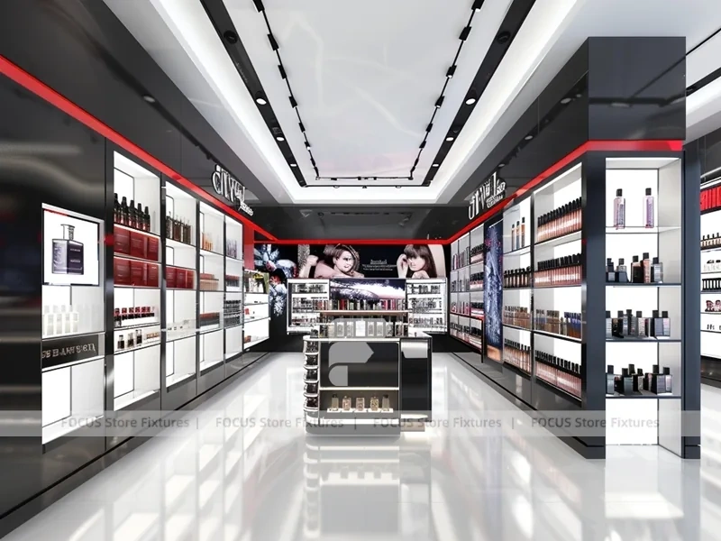 Black Red Perfume Wall Display With Hero Posters