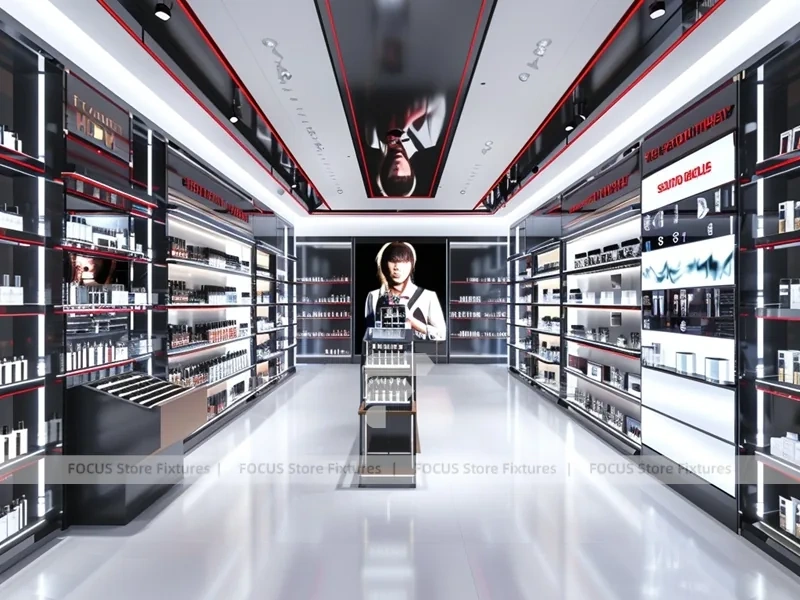 Black Red Perfume Wall Display With Hero Posters