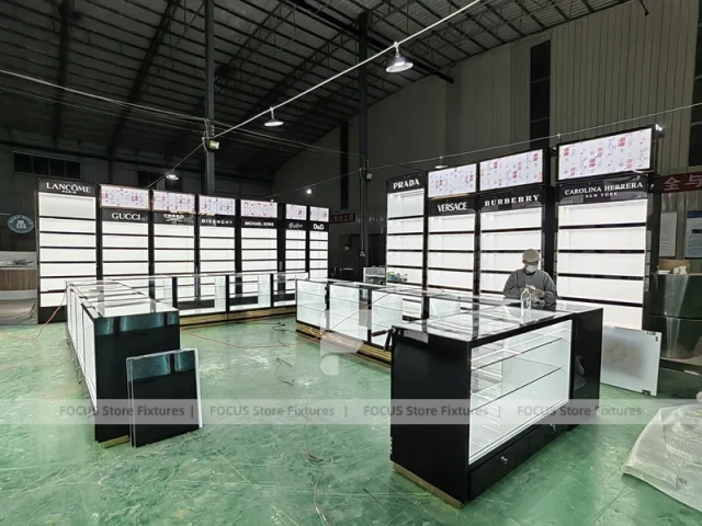 Black White Perfume Wall Layout With Center Islands