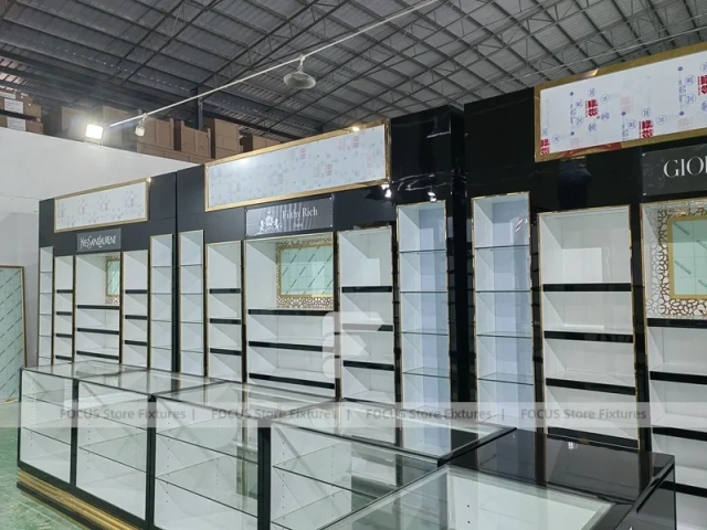 Black White Perfume Wall Layout With Center Islands