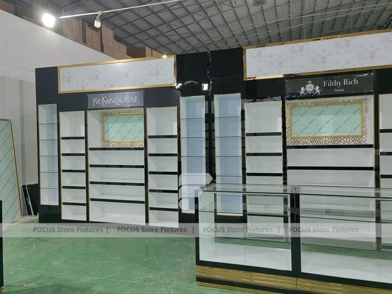 Black White Perfume Wall Layout With Center Islands