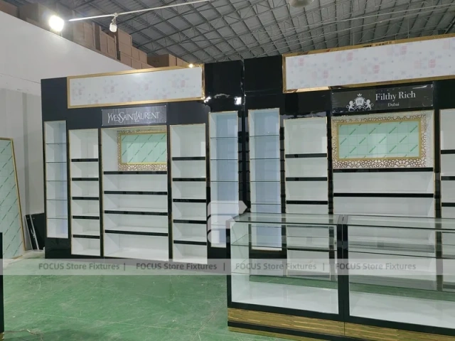 Black White Perfume Wall Layout With Center Islands