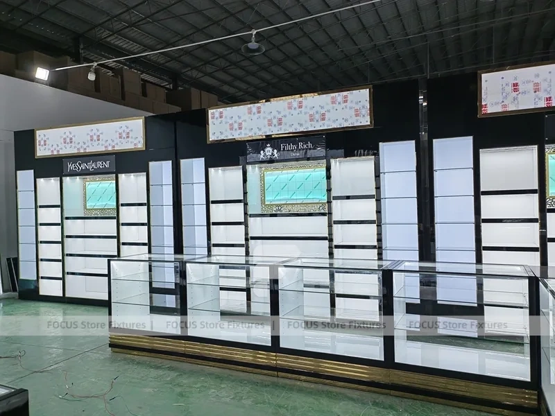 Black White Perfume Wall Layout With Center Islands