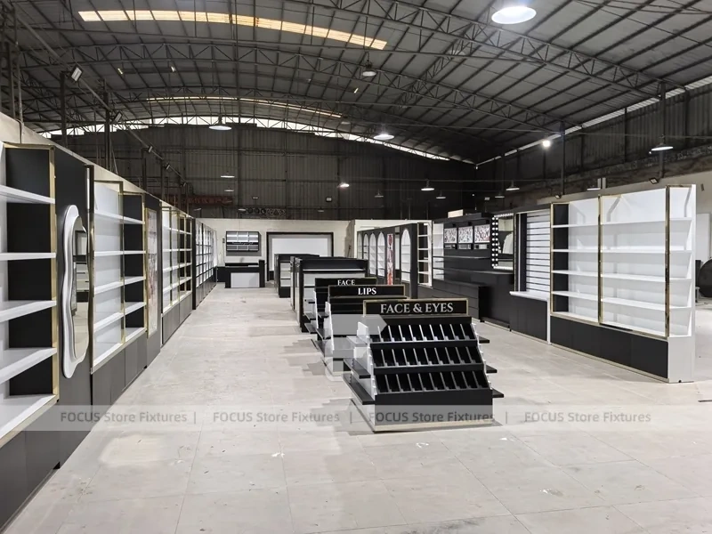 Black White Perfume Wall System With Tiered Center Shelves
