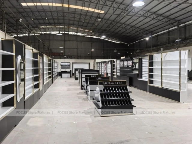 Black White Perfume Wall System With Tiered Center Shelves
