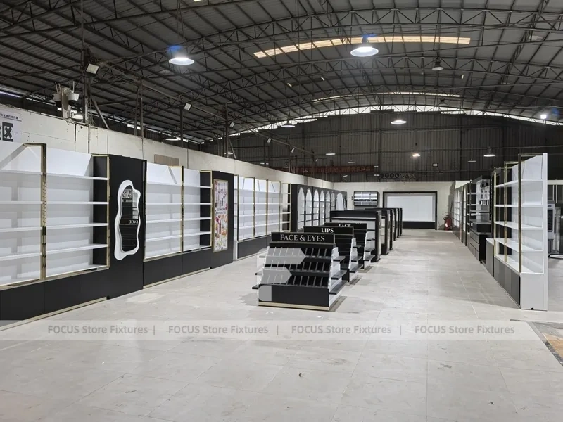 Black White Perfume Wall System With Tiered Center Shelves
