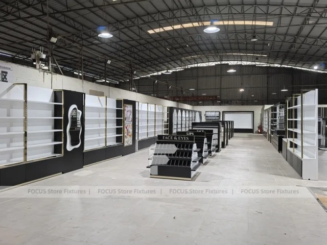 Black White Perfume Wall System With Tiered Center Shelves