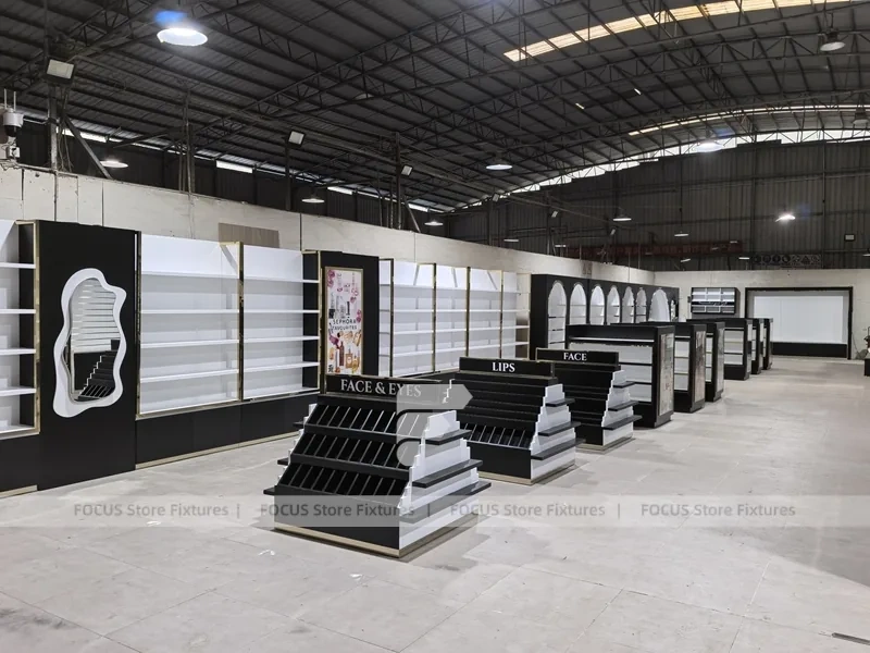 Black White Perfume Wall System With Tiered Center Shelves