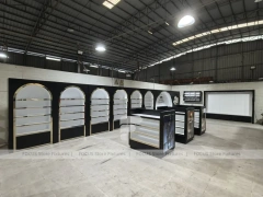 Black White Perfume Wall System With Tiered Center Shelves