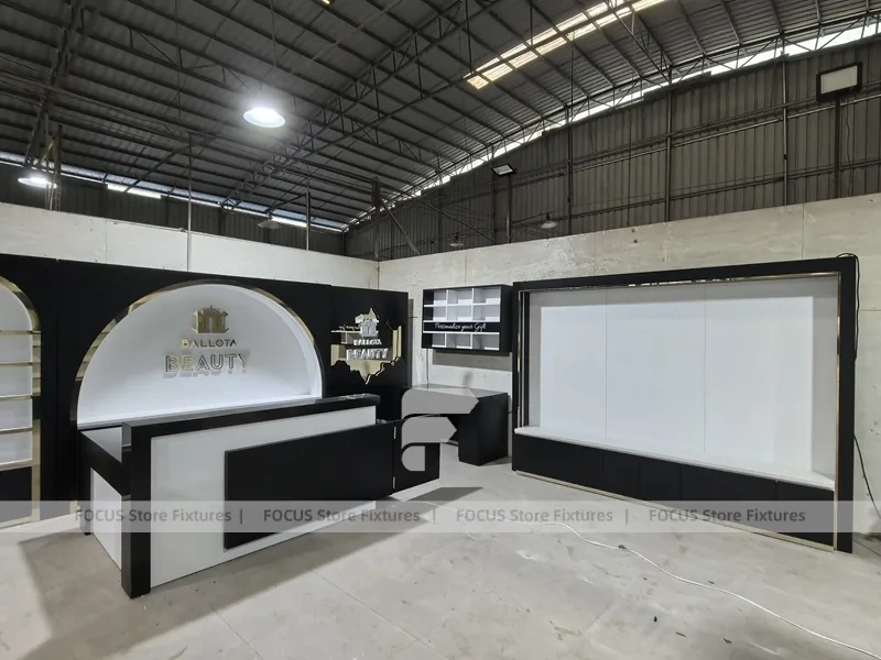 Black White Perfume Wall System With Tiered Center Shelves