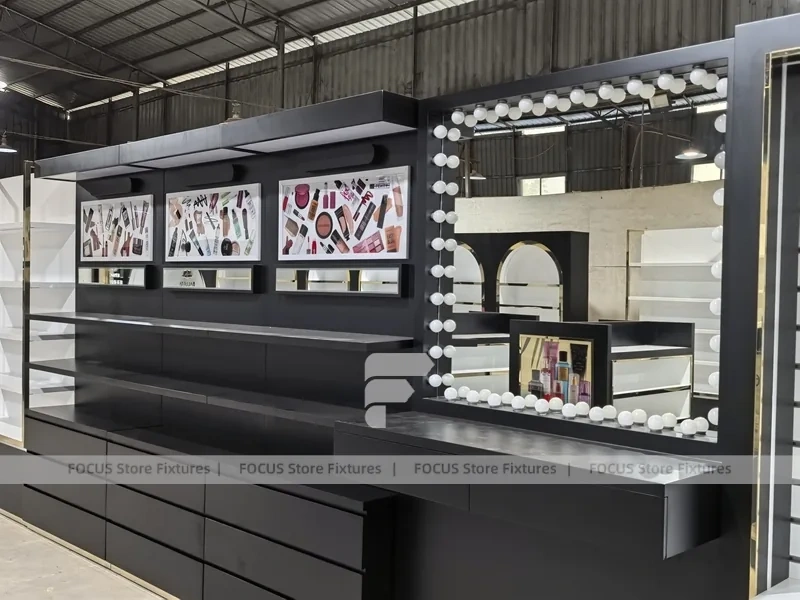 Black White Perfume Wall System With Tiered Center Shelves
