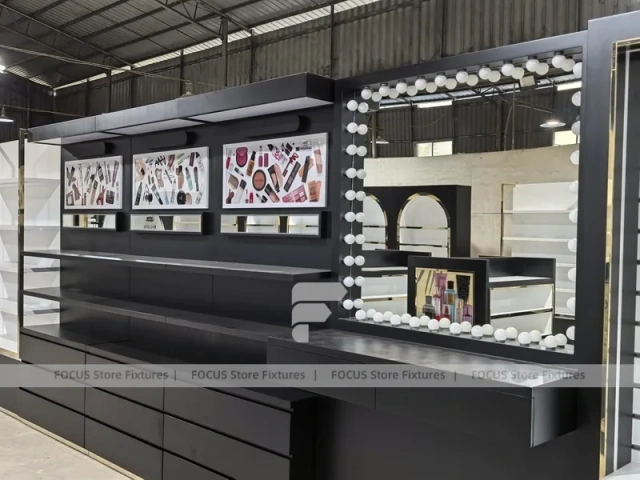 Black White Perfume Wall System With Tiered Center Shelves