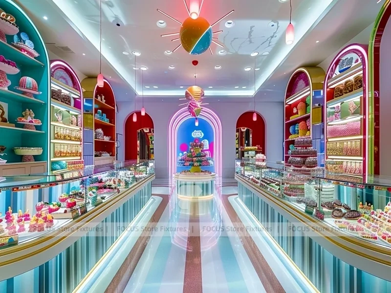 Blue Pastel Luxe Candy Boutique Interior with Arched Display Walls