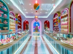 Blue Pastel Luxe Candy Boutique Interior with Arched Display Walls