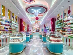 Blue Pastel Luxe Candy Boutique Interior with Arched Display Walls