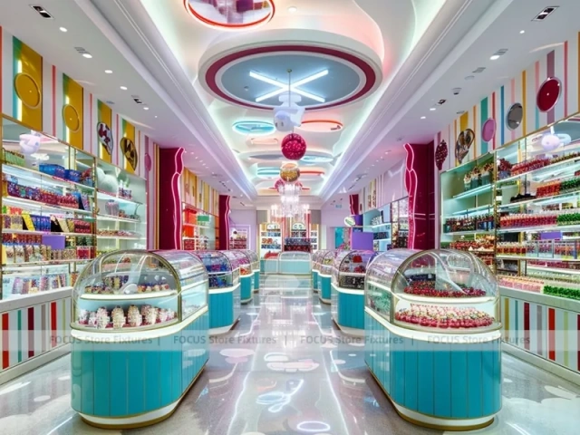 Blue Pastel Luxe Candy Boutique Interior with Arched Display Walls