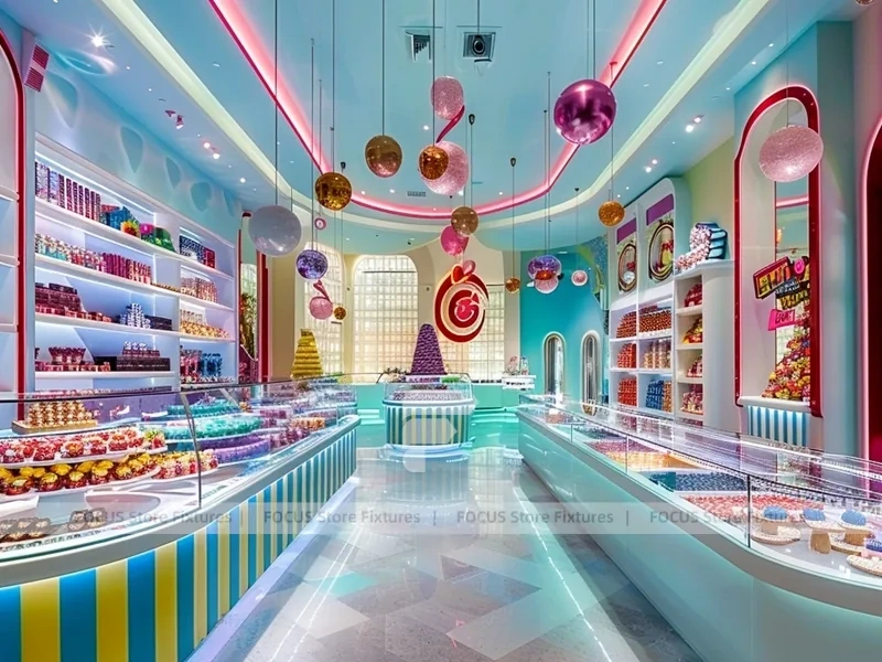 Blue Pastel Luxe Candy Boutique Interior with Arched Display Walls