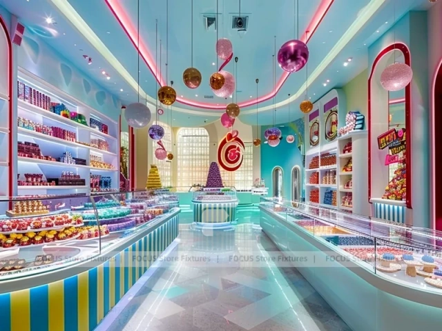 Blue Pastel Luxe Candy Boutique Interior with Arched Display Walls