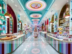 Blue Pastel Luxe Candy Boutique Interior with Arched Display Walls