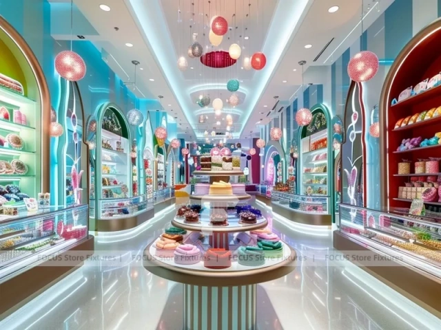 Blue Pastel Luxe with Arched Display Walls Candy Boutique Interior