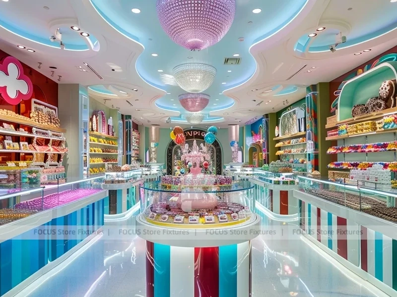 Blue Pastel Luxe with Arched Display Walls Candy Boutique Interior