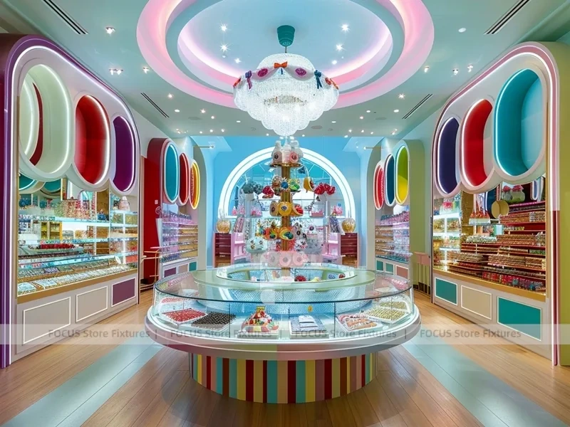 Blue Pastel Luxe with Arched Display Walls Candy Boutique Interior