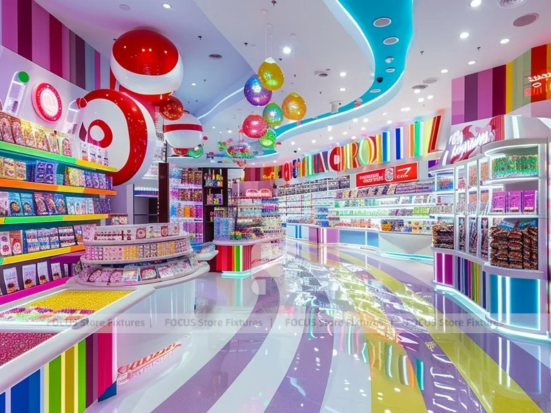 Blue Rainbow Avenue Candy Shop Interior with Flowing Ceiling Ribbons