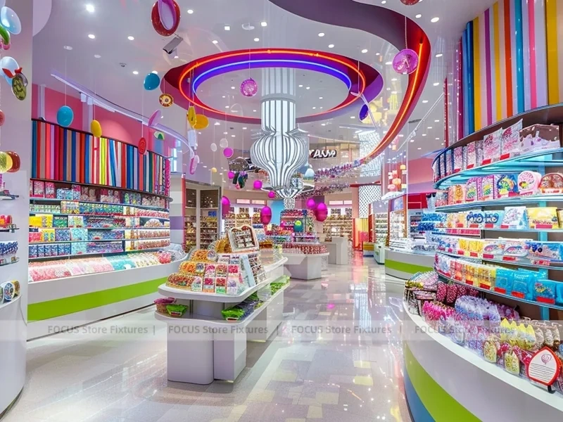 Blue Rainbow Avenue Candy Shop Interior with Flowing Ceiling Ribbons