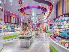 Blue Rainbow Avenue Candy Shop Interior with Flowing Ceiling Ribbons