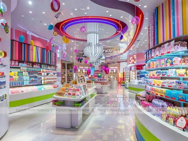 Blue Rainbow Avenue Candy Shop Interior with Flowing Ceiling Ribbons