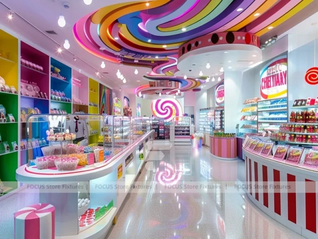 Blue Rainbow Avenue Candy Shop Interior with Flowing Ceiling Ribbons