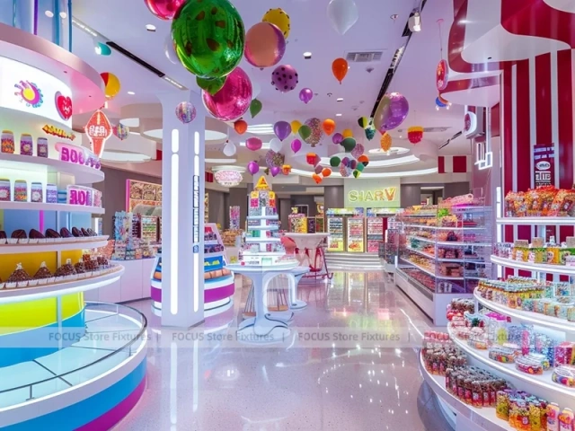 Blue Rainbow Avenue Candy Shop Interior with Flowing Ceiling Ribbons