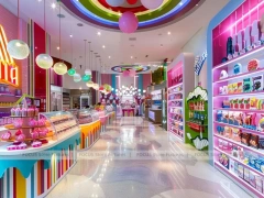 Blue Rainbow Avenue Candy Shop Interior with Flowing Ceiling Ribbons