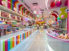 Blue Rainbow Avenue Candy Shop Interior with Flowing Ceiling Ribbons
