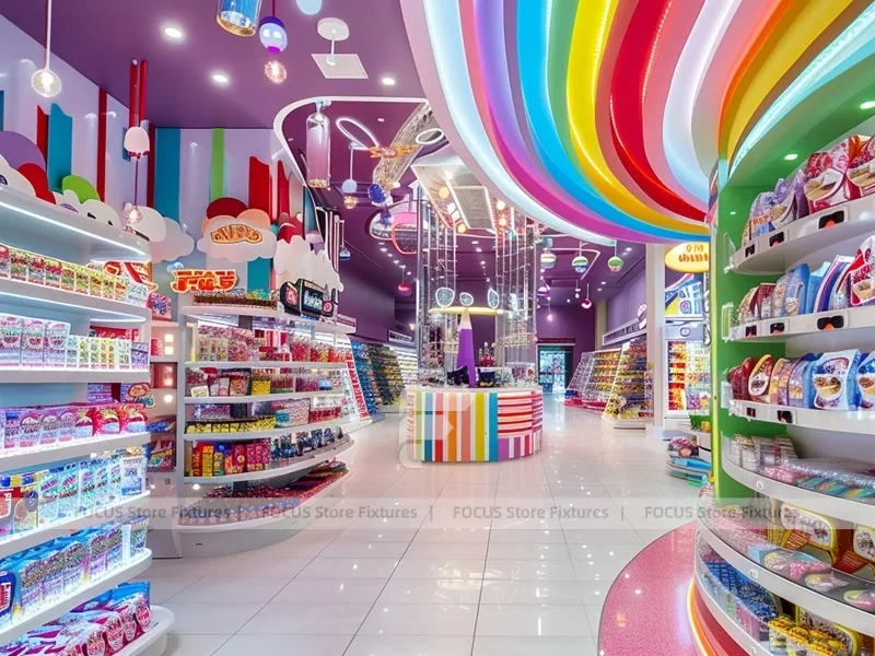 Blue Rainbow Avenue with Flowing Ceiling Ribbons Candy Shop Interior