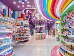 Blue Rainbow Avenue with Flowing Ceiling Ribbons Candy Shop Interior