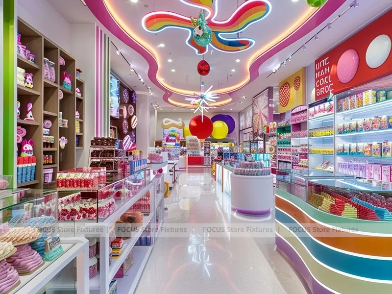 Blue Rainbow Avenue with Flowing Ceiling Ribbons Candy Shop Interior