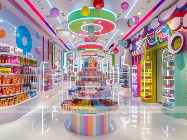 Blue Rainbow Avenue with Flowing Ceiling Ribbons Candy Shop Interior