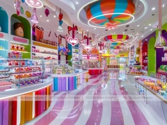 Blue Rainbow Avenue with Flowing Ceiling Ribbons Candy Shop Interior