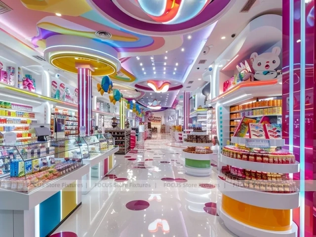 Blue Rainbow Avenue with Flowing Ceiling Ribbons Candy Shop Interior