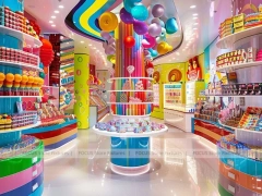Blue Striped Fun Candy Store Interior for Custom Sweets Retail