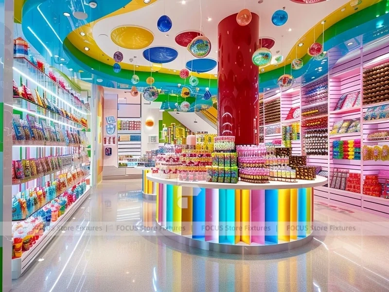 Blue Striped Fun Candy Store Interior for Custom Sweets Retail
