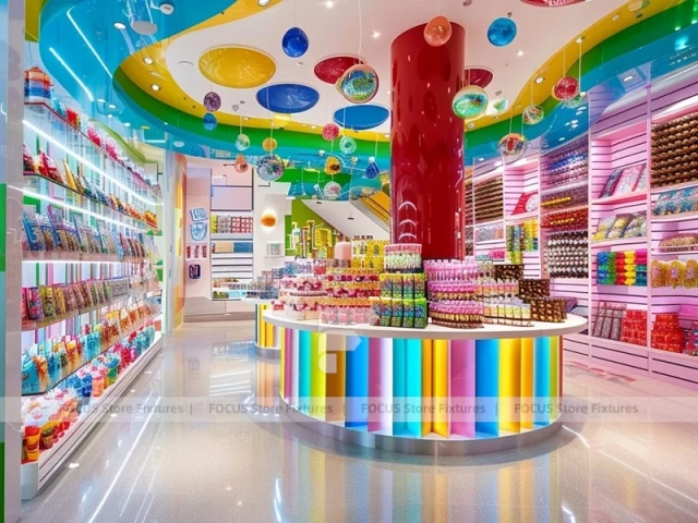 Blue Striped Fun Candy Store Interior for Custom Sweets Retail