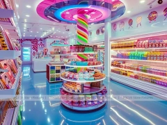 Blue Striped Fun Candy Store Interior with Center Candy Columns