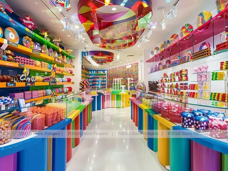 Blue Striped Fun Candy Store Interior with Center Candy Columns