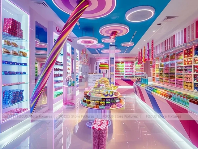 Blue Striped Fun Candy Store Interior with Center Candy Columns