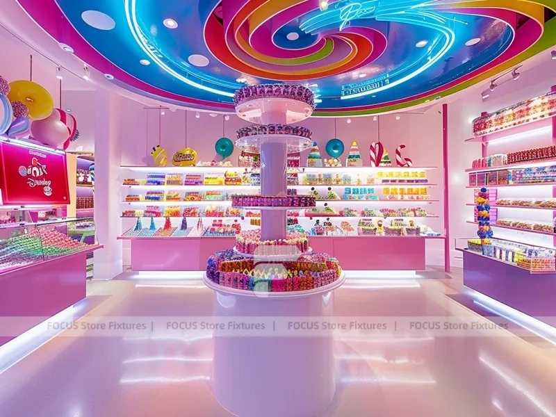 Blue Striped Fun Candy Store Interior with Center Candy Columns